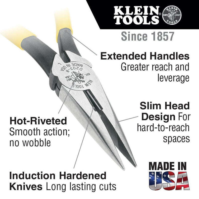 Klein Tools D203-7 Long Nose Side-Cutter Stripping Pliers, Induction Hardened and Heavier For Increased Cutting Power, 7-Inch