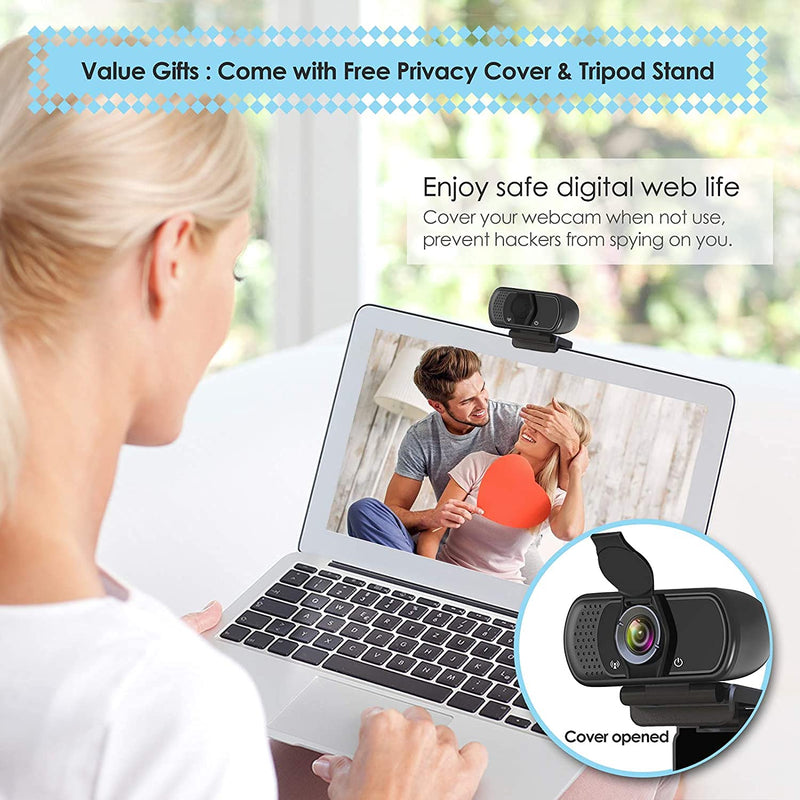 Webcam HD 1080p Web Camera, USB PC Computer Webcam with Microphone, Laptop Desktop Full HD Camera Video Webcam 110 Degree Widescreen, Pro Streaming Webcam for Recording, Calling, Conferencing, Gaming