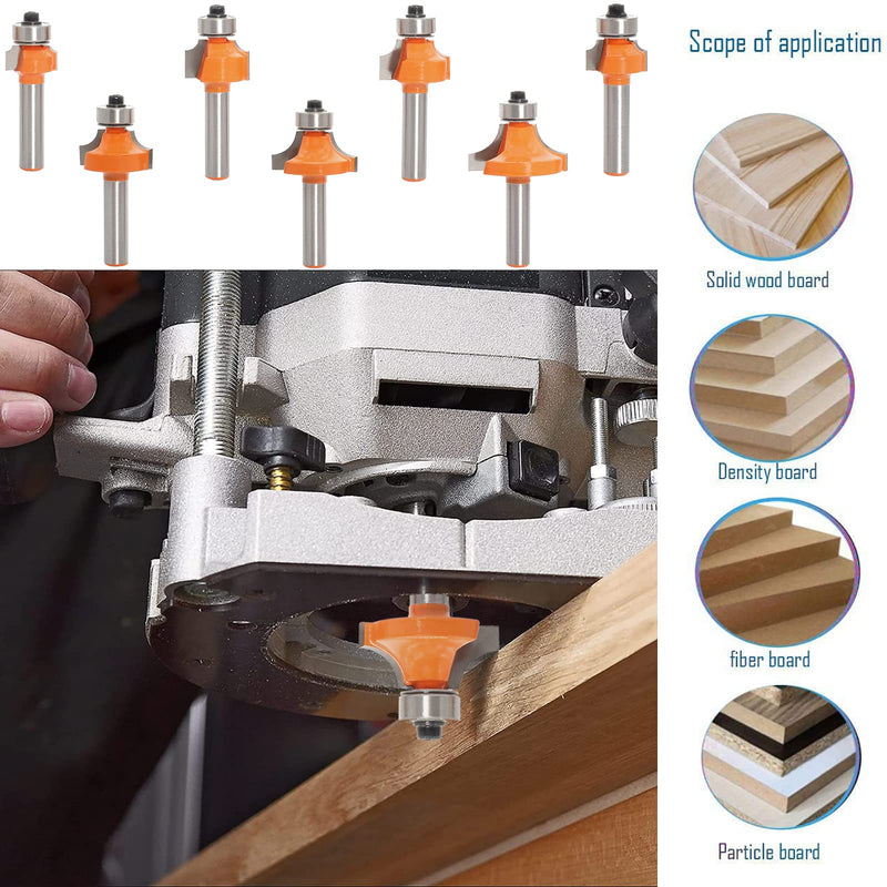 Sinoprotools 7 piece rounding cutter and quarter bar cutter set, 8mm shank round cutter & radius cutter, rounding cutter router with ball bearing, edge cutter/milling table radius 2-3-4-5-6-8-10 (set of 7) 7-piece rounding cutter shaft 8mm