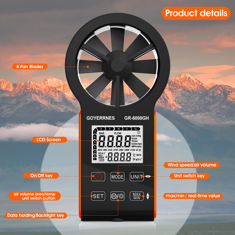 Handheld Wind Meter Digital Anemometer, GR-6000GH Air Flow Speed Wind Speed CFM Meter Measuring Air Speed Air Volume Temperature for HVAC, Boat Sailing, Shooting
