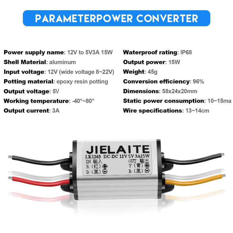 2 Pieces Car Power Converter Waterproof 12V to DC 5V Buck Voltage Regulators 3A 15W Voltage Converter Module for Car Truck Boat Solar System (Accept DC 8V - 22V Inputs)