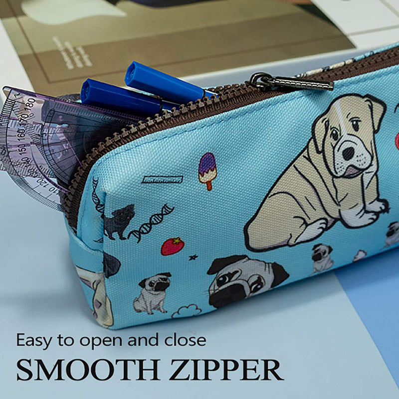 LParkin Cute Pug Dog Canvas Pencil Case Canvas Pen Bag Gadget Pouch Stationary Case Makeup Cosmetic Bag Box Blue
