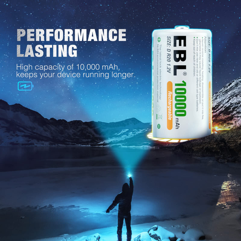 EBL D Cell Batteries 10,000mAh Ultra Pro Ni-MH Rechargeable D Batteries, 4-Pack 4Pack D