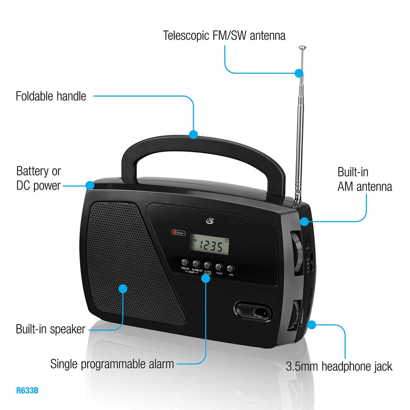 GPX, Inc. R633B Portable Shortwave AM/FM Clock Radio (Black)
