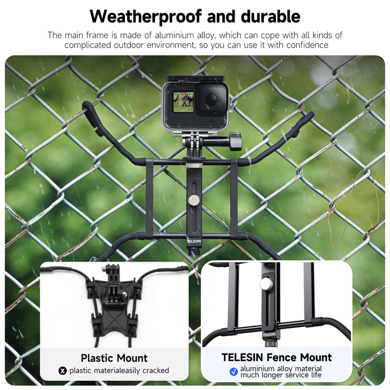 TELESIN Fence Mount Aluminum with Flexible Adjustable Clamp Arm for GoPro Insta360 Phone Mevo Start Backstop Camera, Softball, Tennis, Baseball, Football, Net/Chain Link Games Live Streaming Recording