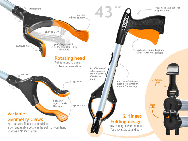 EZPIK Folding Grabber Tool 43 Inch with Magnets - Extra Long Handled Reacher Grabber Pickup Tool ~ Heavy Duty Grabber Reacher Tool for Elderly - Trash Picker Grabber Heavy Duty with Rotating Head 43 (2X-Large)