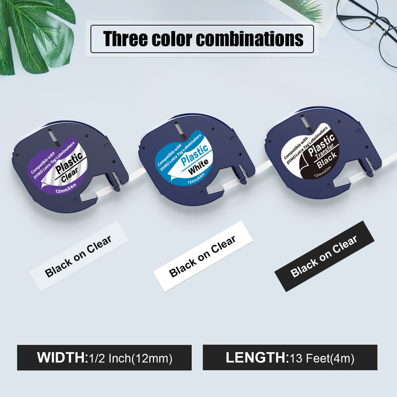3 Pack Compatible with Dymo Letratag Refills Replacement for Dymo Label Maker Refills 1/2" x 13'(12mm x 4)m Clear Plastic Label Tape for Letra Tag LT 100H 100T QX50 Handheld Label Maker Tape Refill 3-12mm Colored