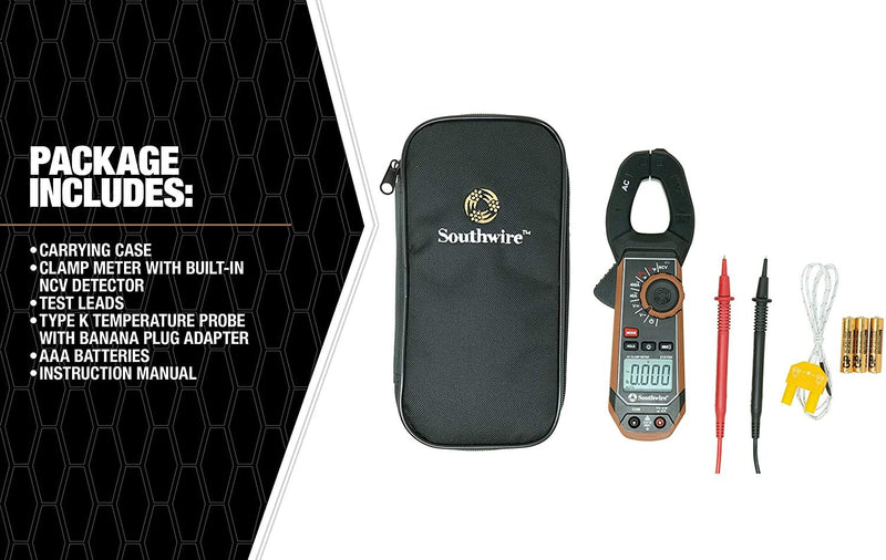 Southwire 21510N clamp meter, third-hand test probe holder, 400A AC current range, CAT III 600V safety rating, built-in non-contact voltage detector, 5 year warranty, Black Brown