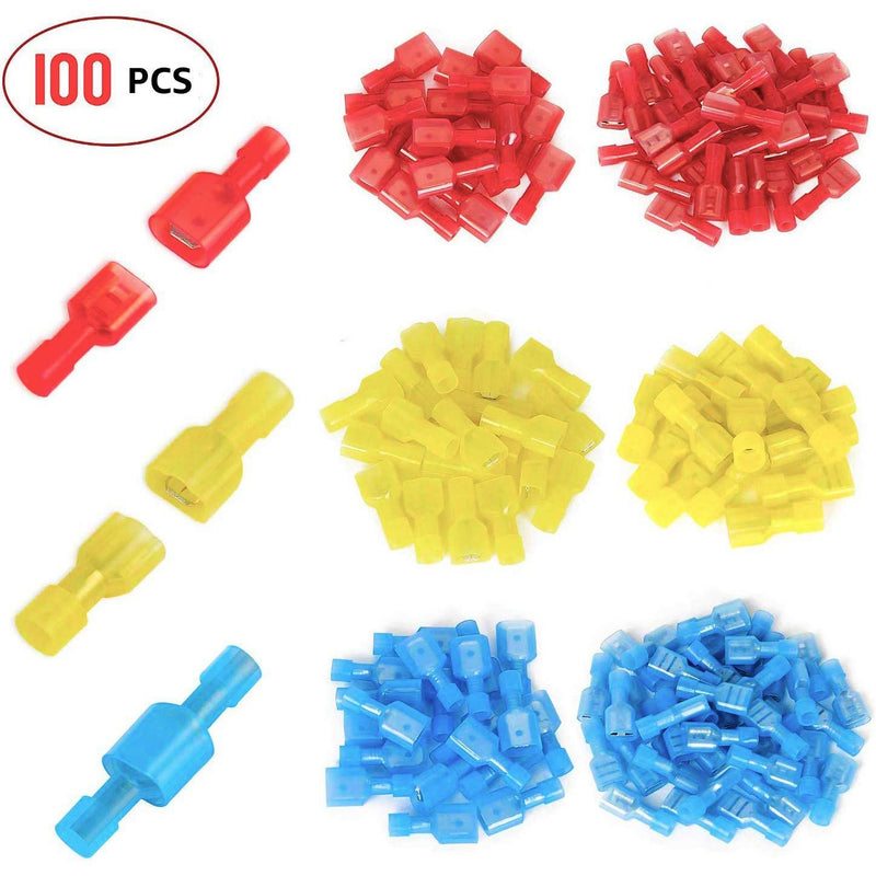 Amlits 100 PCS Nylon Spade Quick Disconnect Connectors Kit, Fully Insulated Male & Female Electrical Crimp Cold-Pressed Wire Terminals Assortment Kit
