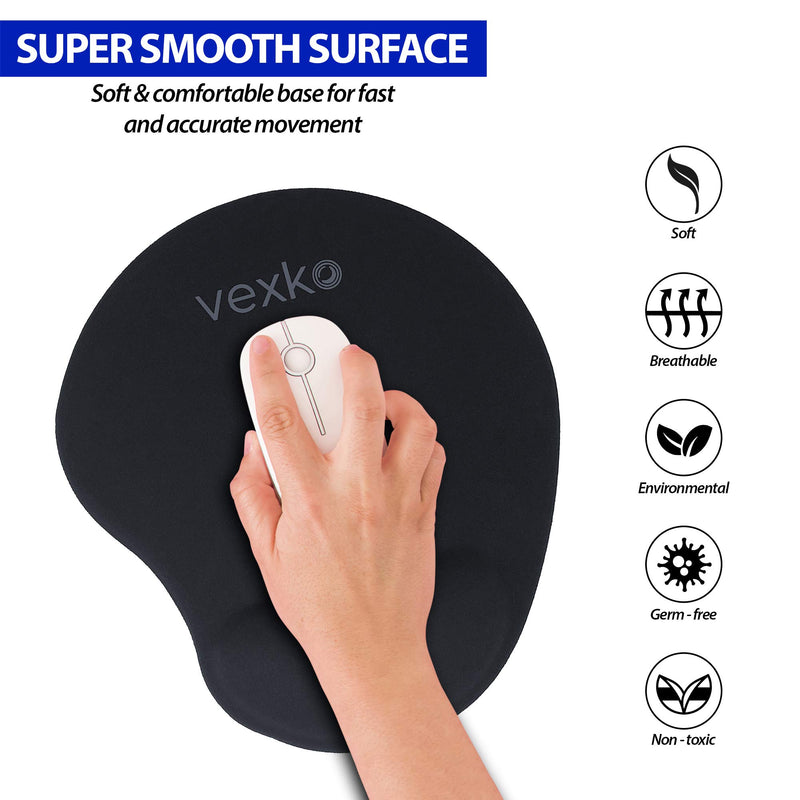 Vexko Mouse Pad, Gel Wrist Rest Ergonomic Support, Soft Durable Lycra Cloth, with Non-Slip Pu Base, Large 8.5 x 9.75 Ideal for Computer, Laptop, Work, Home, Gaming (Black)