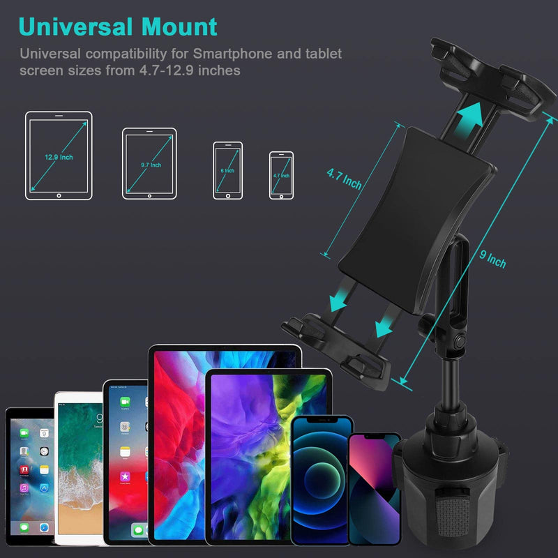 Car Cup Holder Tablet Mount & Phone Cradle Stand Truck for iPad Pro 9.7, 11, 12.9 Air Mini 5 4 3 2, Samsung Galaxy Tabs, iPhone 13 12 Pro, 4.7"-12.9" Smartphone Tab, Adjustable Long Arm, 360Âº Rotating