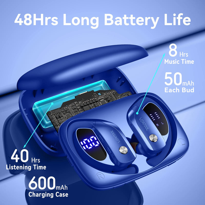 Wireless Earbuds Bluetooth Headphones 48hrs Play Back Sport Earphones with LED Display Over-Ear Buds with Earhooks Built-in Mic Headset for Workout Blue BMANI-VEAT00L