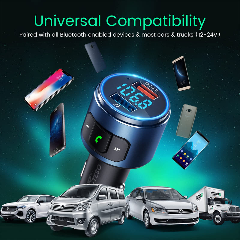 Octeso 2022 V5.0 Bluetooth FM Transmitter for Car, QC3.0 Wireless Bluetooth FM Radio Adapter Music Player/Car Kit with Hands-Free Calls, Siri Google Assistant, LED Backlit Blue