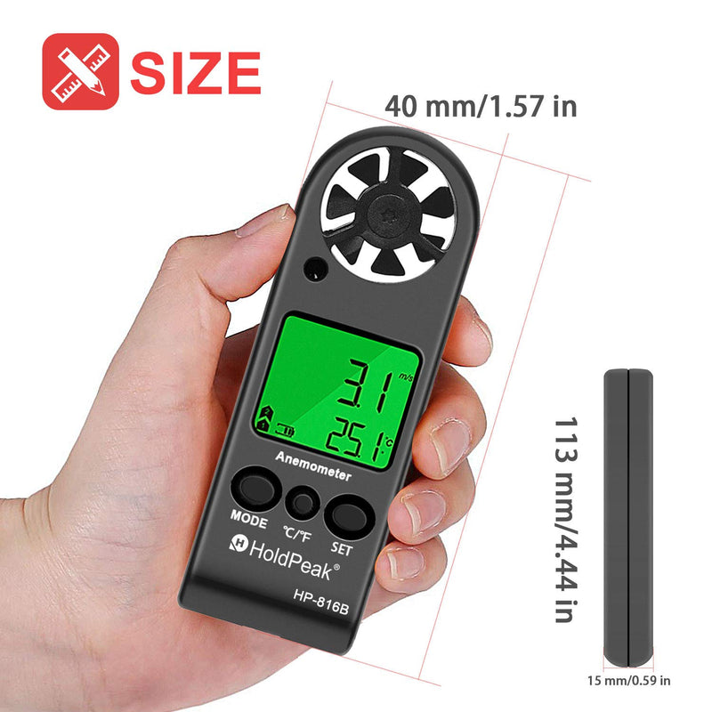 HOLDPEAK HP-816B Anemometer Handheld Wind Speed Meter Gauge Air Flow Velocity Measurement with Wind Chill Indication and Backlight for Windsurfing Kite Flying Shooting (Gift : Compass) 2-HP-816B w/ Leather case