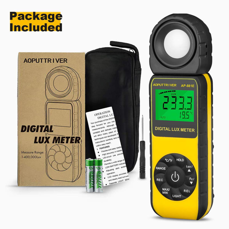 Light Meter, lux Meter AP-881E Recording Light Meter for Plants with Display 3999(Range from 1～300,000Lux), Lux/Fc Unit, MAX/MIN, Back Light, Data Hold, Data Storage AP-881E(0.01~300,000 Lux)