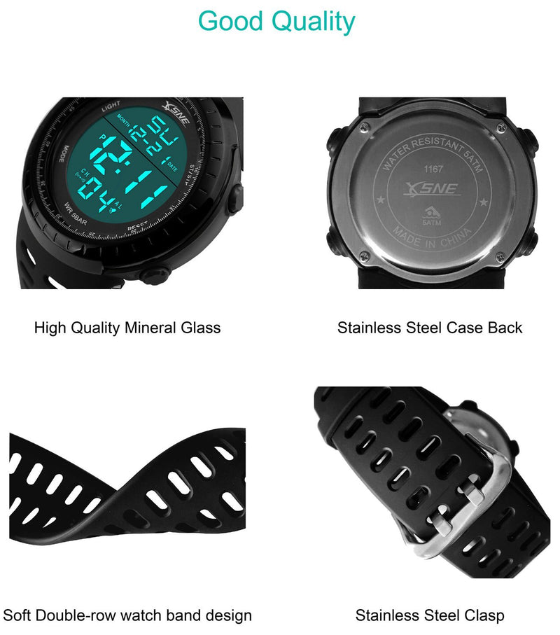 Digital Sports Watch Water Resistant Outdoor Easy Read Military Back Light Black Big Face Men's 1167