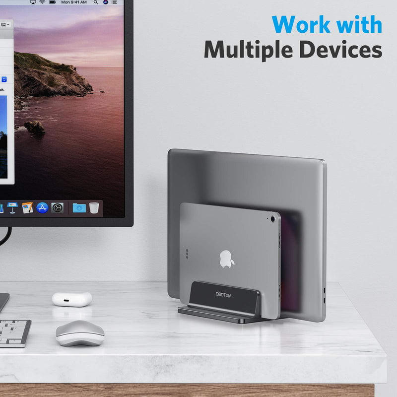 [Updated Dock Version] Vertical Laptop Stand, OMOTON Double Desktop Stand Holder with Adjustable Dock (Up to 17.3 inch), Fits All MacBook/Surface/Samsung/HP/Dell/Chrome Book (Black) Black