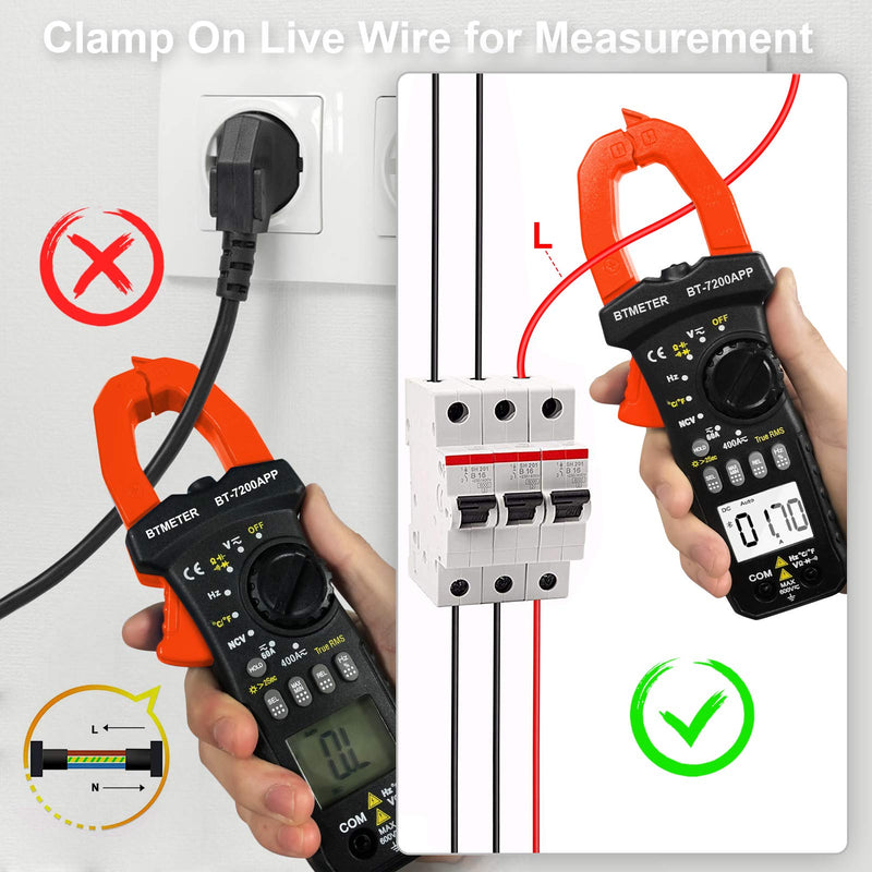 BTMETER BT-7200APP TRMS 6000 Counts Clamp Multimeter, Bluetooth Digital Clamp-on Ammeter for AC/DC Current Voltage Resistance Capacitor Frequency Continuity Temperature NCV