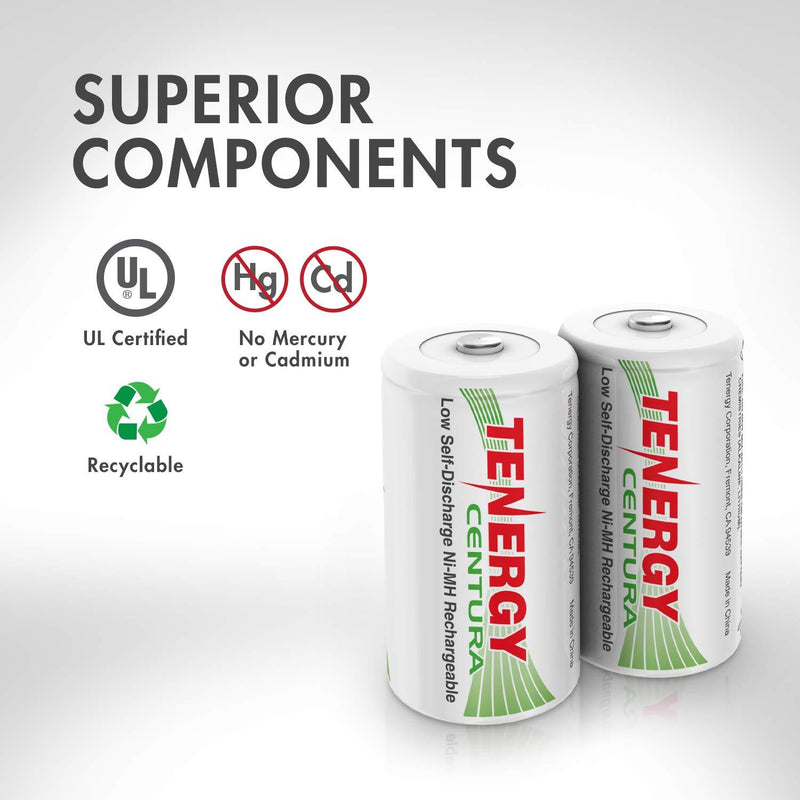 Tenergy Centura NiMH Rechargeable C Batteries, 4000mAh C Battery, Low Self Discharge C Cell Battery, Pre-Charged C Size Battery, 2 Pcs