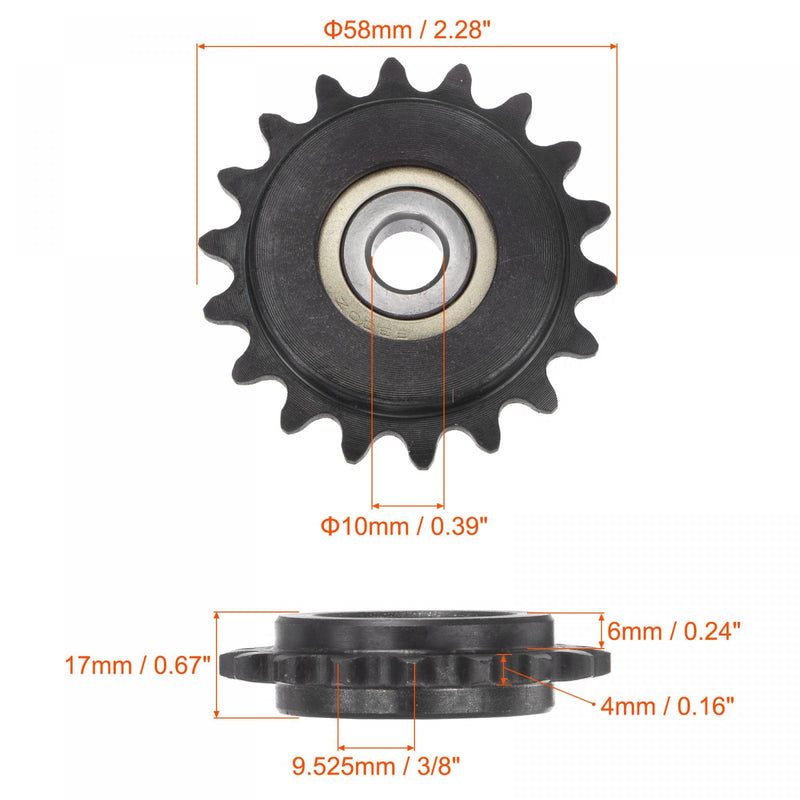 uxcell #35 Chain Idler Sprocket, 10mm Bore 3/8" Pitch 18 Tooth Tensioner, Black Oxide Finished C45 Carbon Steel with Insert Single Bearing for ISO 06C Chains 58mm