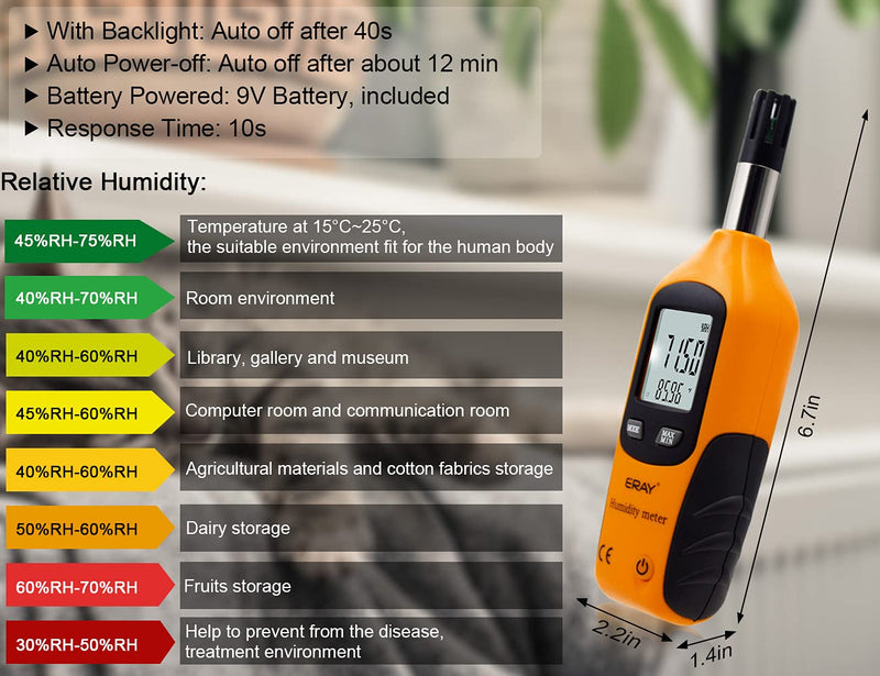 Digital Psychrometer Thermo-Hygrometer with Backlight, ERAY Temperature and Humidity Gauge Meter Thermometer Hygrometer with Dew Point and Wet Bulb Temperature, 9V Battery Included Orange