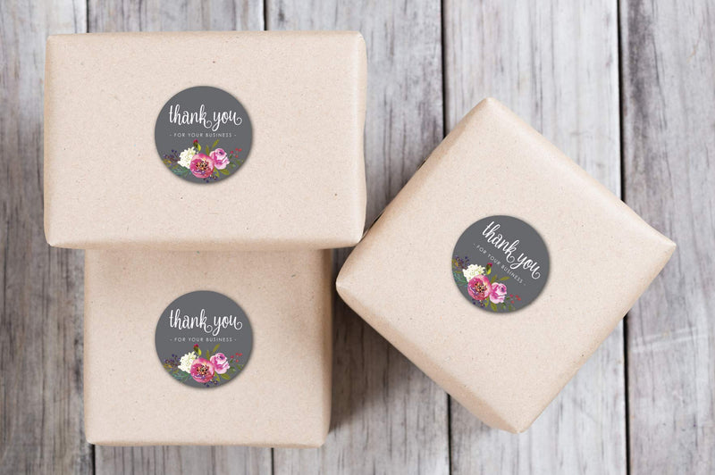 1.5 Inch Round Grey Floral Thank You for Your Business Stickers / 500 Labels Per Roll