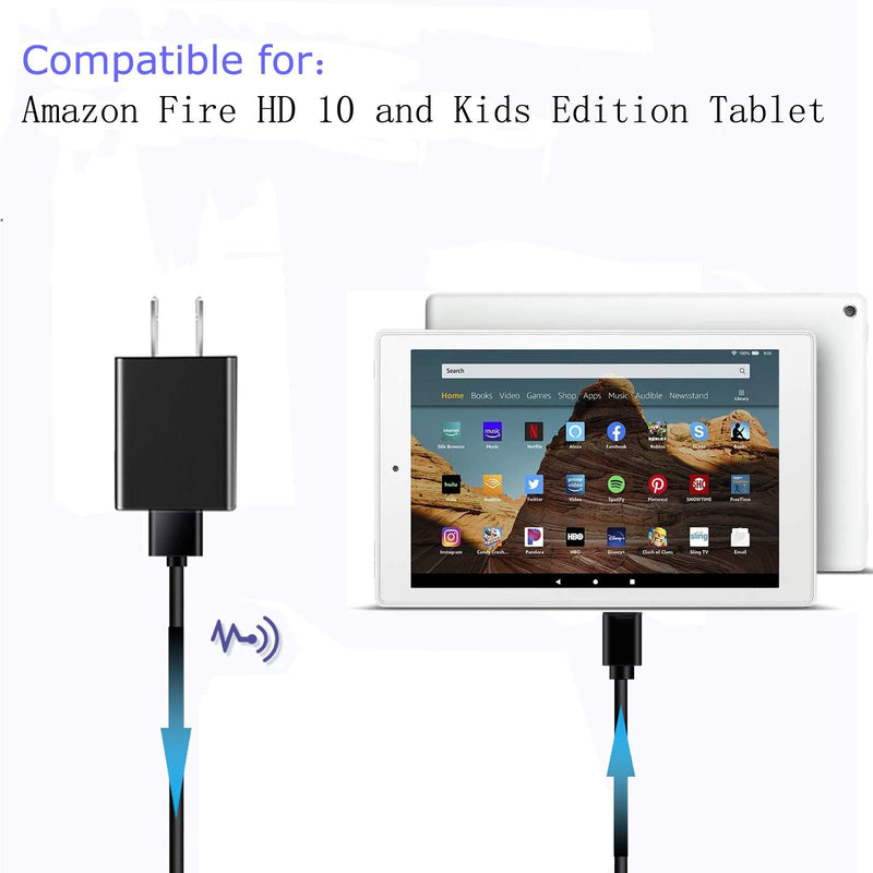 Fire HD 10 Tablet Charger Adapter with 5FT Extra Long Cord Charging Cable, Rapid Charger Compatible for Amazon Kindle Fire HD 10 and Fire HD 10 Plus,Kids Pro,Kids Edition,All New Fire 10 Tablet Black