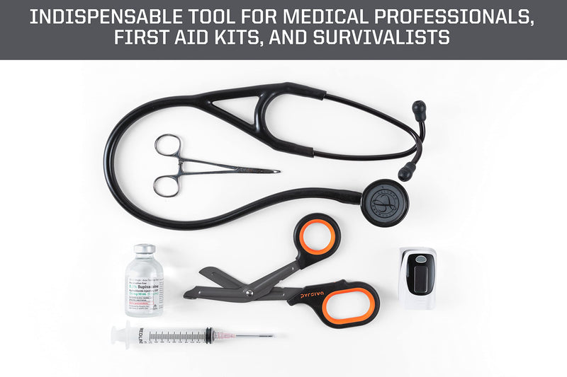 PYRSIVA MEDICAL Emergency Trauma Shears | Medical Scissors | Shears for Physicians, Nurses, EMTs, Paramedics, First-Aid, Vets | Bandage Scissors | Durable, Titanized Blades | Genuine Rubberized Grips Black on Grey