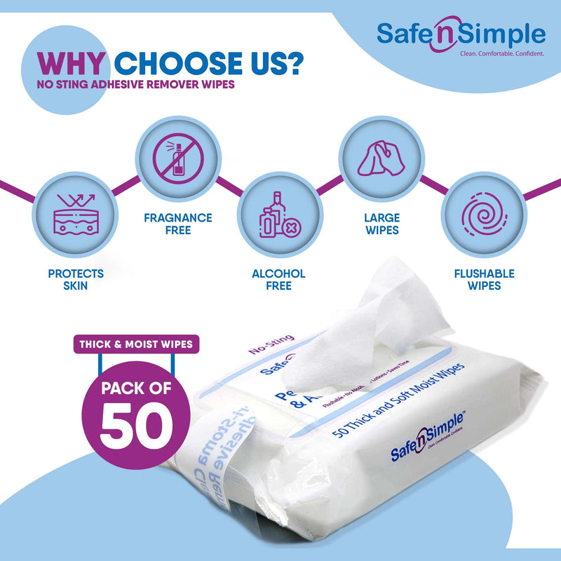 Safe n' Simple Adhesive Remover Wipes, Flushable & Easy to Use No-Sting Skin Prep Wipes, 50 x Individually Wrapped Alcohol -Free Wipes 50 Count (Pack of 1)