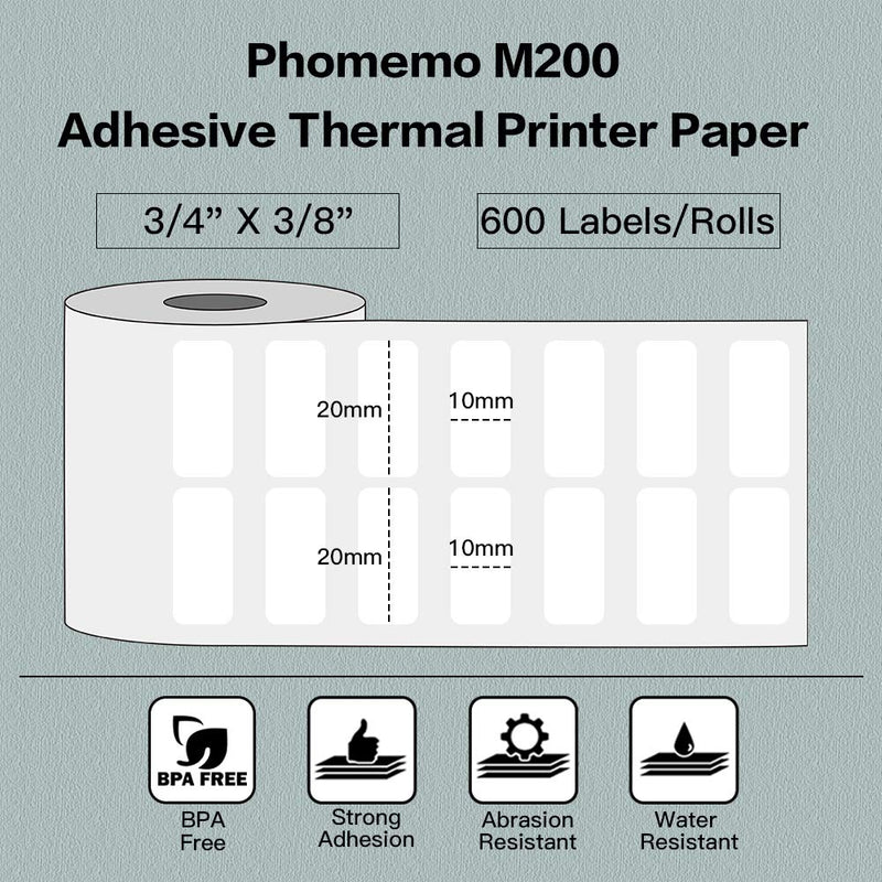 Multi-Purpose White Self-Adhesive Label Paper for Phomemo M110/M200 Label Printer, 3/4" X 3/8"(20x10mm), 600 Labels/Roll 20mmx10mm