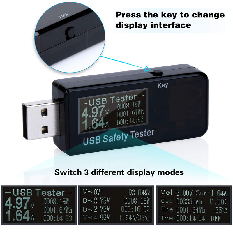 Eversame USB Digital Power Meter Tester Multimeter Current and Voltage Monitor, DC 5.1A 30V Amp Voltage Power Meter, Test Speed of Chargers, Cables, Capacity of Power Banks-Black