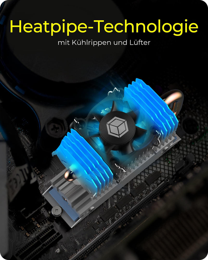 ICY BOX M.2 Heatpipe Cooler with 30 mm Fan Height for M.2 SSD (2280), Aluminum, Silver IB-M2HSF-705 2280 With Fan (Heatpipe)