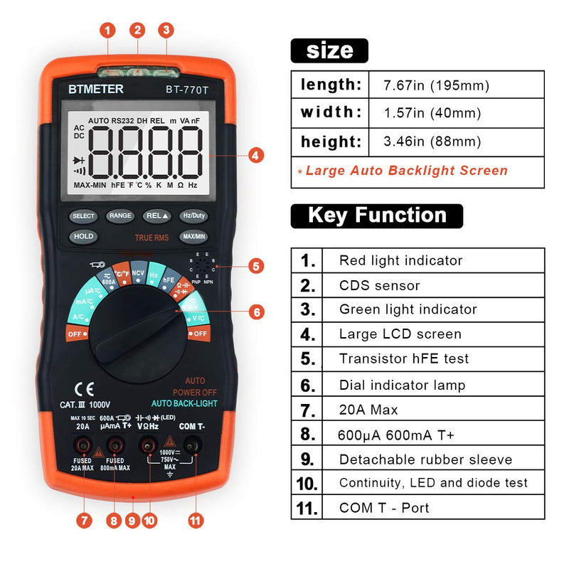 True RMS Digital Multimeter Tester 6000 Counts AC DC 20A Ohmmeter Voltmeter DMM Measure Voltage Current Amp Resistance Diodes Continuity Duty-Cycle Capacitance Temperature (BTMETER BT-770T) BT-770T Auto Ranging