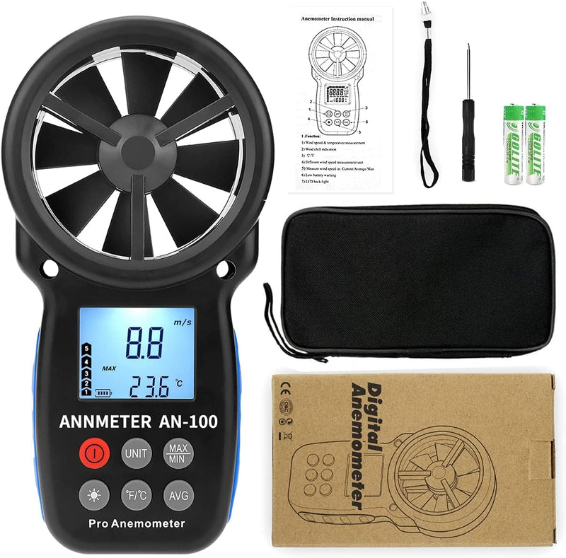AIOMEST Digital Anemometer, Wind Gauge Wind Gauge Handheld, AI-100 Wind Gauge CFM Wind Speed Meter for Wind Speed Temperature Wind Chill Tester, HVAC