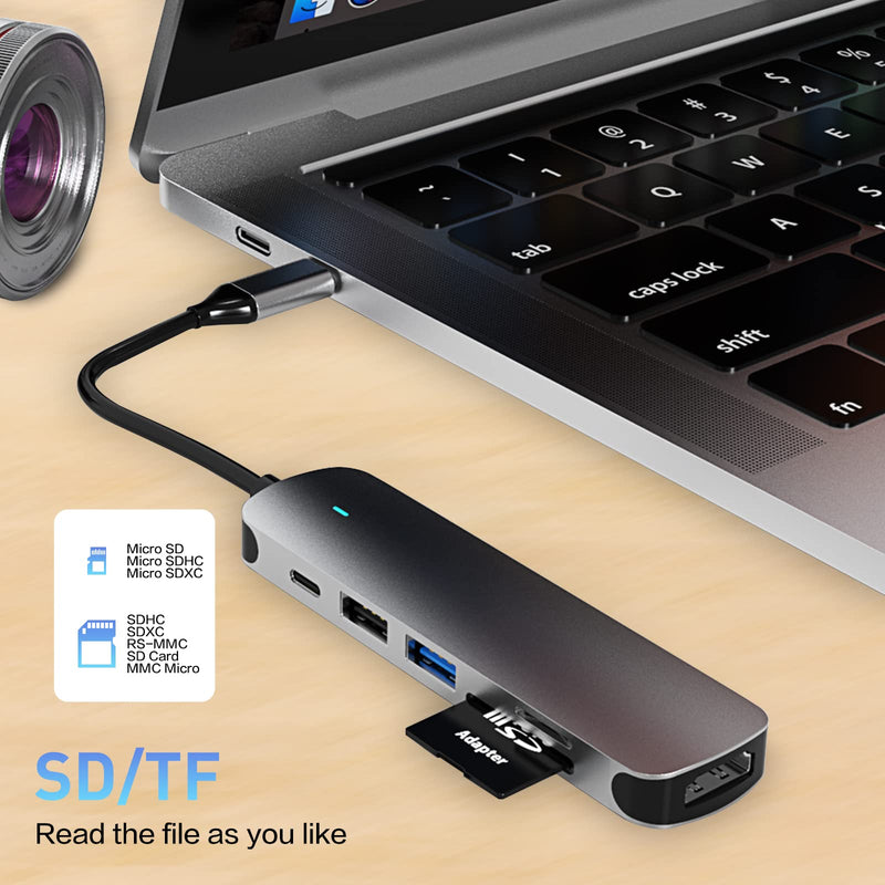 USB C HUB, USB C Adapter 6 in 1 with USB 3.0, 4K-HDMI, USB C Connection/PD, SD/TF Card Reader, Docking Station Compatible with MacBook Pro/Air Laptop and Other Type C Devices