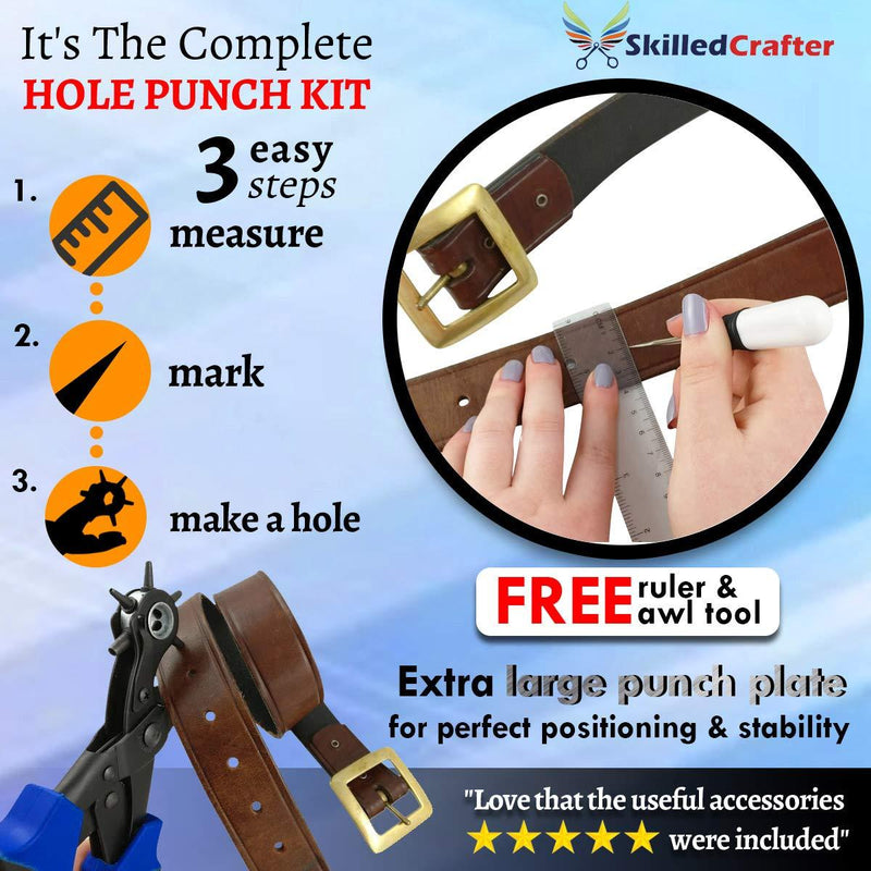 Leather Hole Punch & Belt Hole Puncher Easily Punches Perfect Round Holes. Bonus Ruler & Awl Tool. Leather Punch Tool for Watch or Bag Strap, Fabric, Eyelet - Precision Crafting & Professional Results 1 Pack