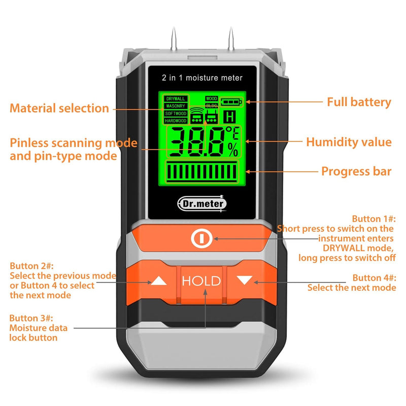 Wood Moisture Meter, 2 in 1 Pin & Pinless Moisture Tester, Dr.meter Digital Dampness Moisture Sensor Detector for Wood Firewood Drywall Paper Floor Woodworking, Water Leak Detector