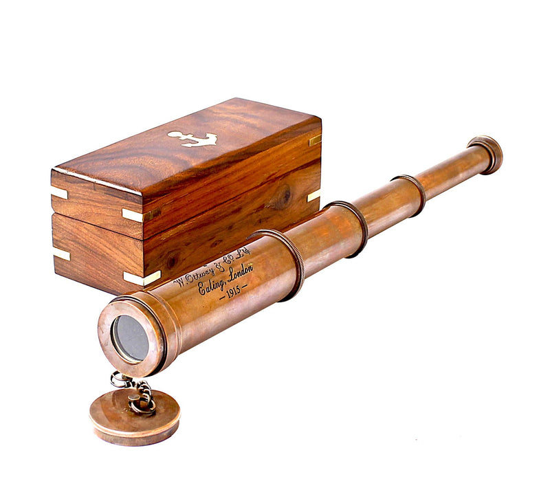 Vintage Copper Finish Telescope with Wooden Box Marine Gift London 1917