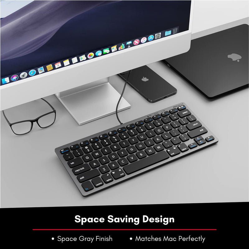 Macally Small USB Wired Keyboard for Mac and Windows - 78 Scissor Keys, 13 Shortcut Compatible Apple Keyboard - Mini Compact USB Computer Keyboard That Saves Space and Looks Great - Space Grey Space Gray