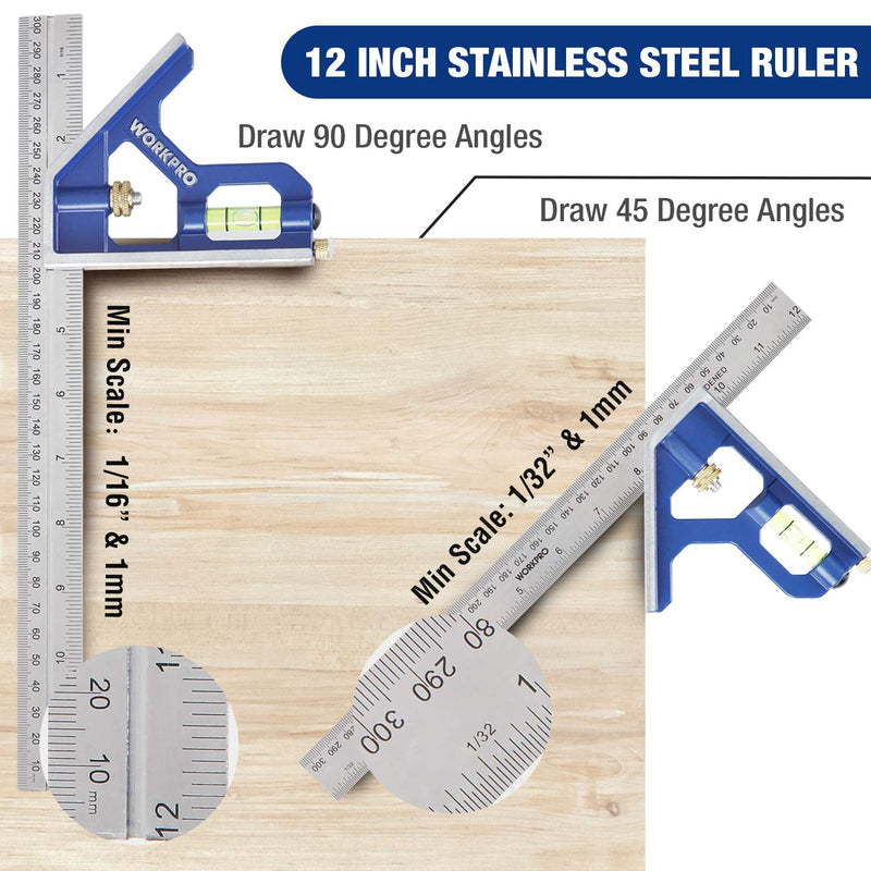 WORKPRO Rafter Square and Combination Square Tool Set, 7 in. Aluminum Alloy Die-Casting Carpenter Square and 12 Inch Zinc-Alloy Die-Casting Square Ruler Combo (Rafter Square Layout Tool)