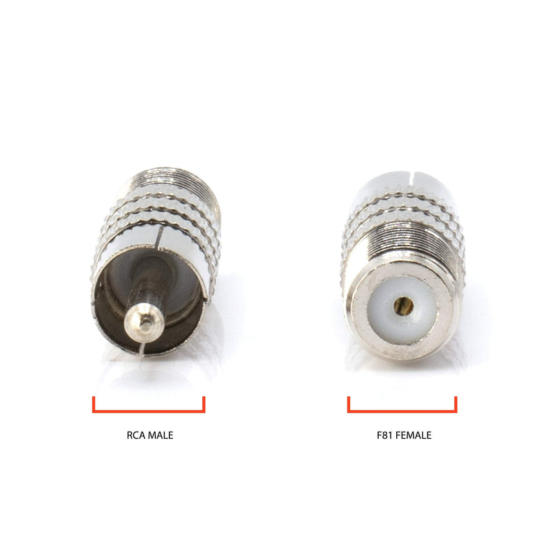 RF (F81) and RCA Coaxial Adapter - RCA Male to Female F81 (F-Pin) Connector, Adapter, Coupler, and Converter - for RG11, RG6, RG59, RG58, SDI, HD SDI, CCTV - 4 Pack Silver RCA Male