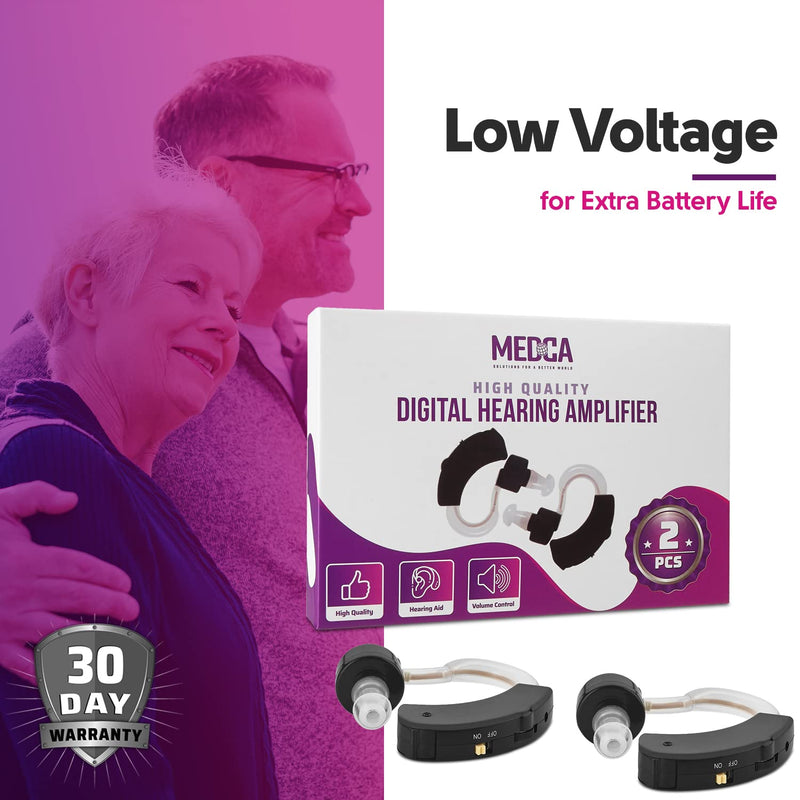 Digital Hearing Amplifiers - Set of 2 Small BTE Sound Amplifiers, a Behind the Ear Personal Amplification Device and Sound Enhancer Aids with Noise Reducing Feature for Adults, Seniors & Women, Black