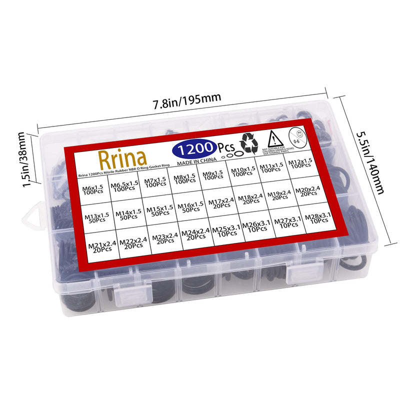 Rrina 1200Pcs Nitrile Rubber NBR O Ring Gasket Ring Assortment Kits Metric O-Ring Sealing Washer for Faucet Tap Plumbing and Automotive Repair OD 6mm-28mm Thickness 1.5mm 2.4mm 3.1mm