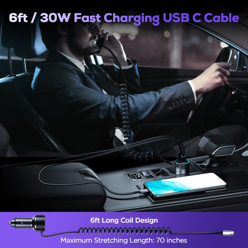 USB C Car Charger, 75W Metal 3-Port Super Fast Car Charger Adapter PD & QC3.0 Built-in 6ft Type C Coiled Cable for Samsung Galaxy S22/21 iPhone iPad Pro Pixel Android Phones Black