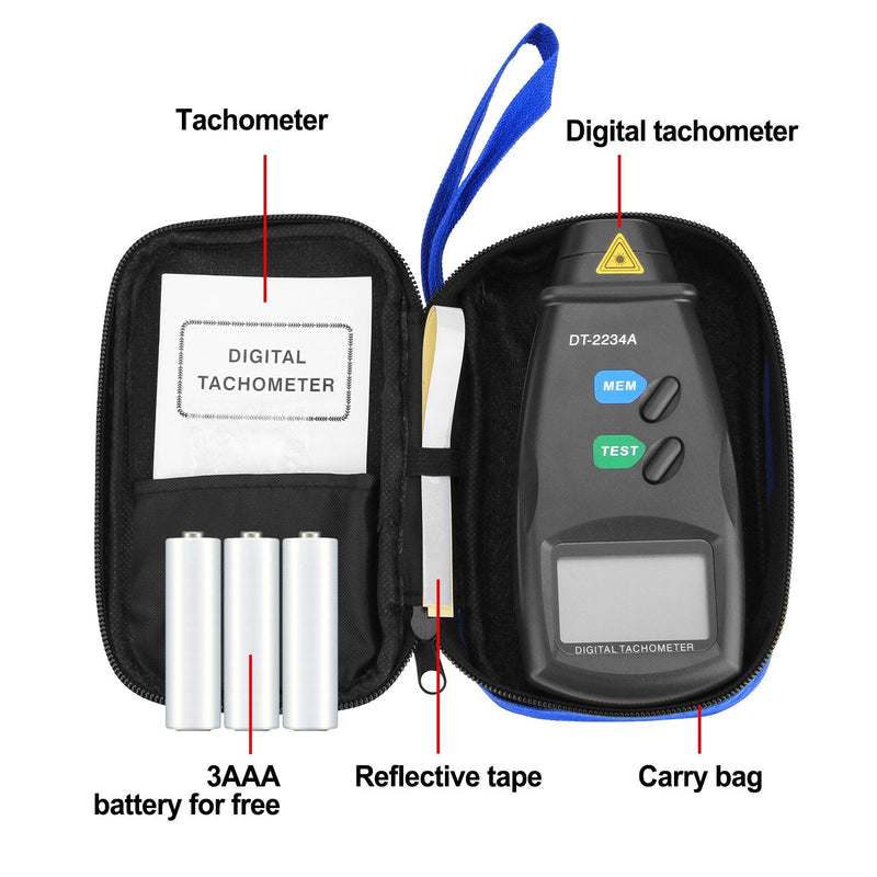 FITNATE 20713A Digital Tachometer, Non-Contact Rotary Photo, Accuracy from 2.5 to 99,999 RPM, Includes Batteries, 3 Packs of Reflective Tape with Carry Bag Black