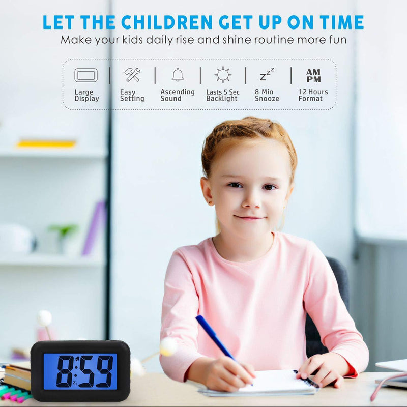 Plumeet Digital Clock - Kids Alarm Clocks with Snooze and Backlight - Simple Travel Clocks Large LCD Display - Ascending Sound and Handheld Sized - Good for Kids (Black) Black