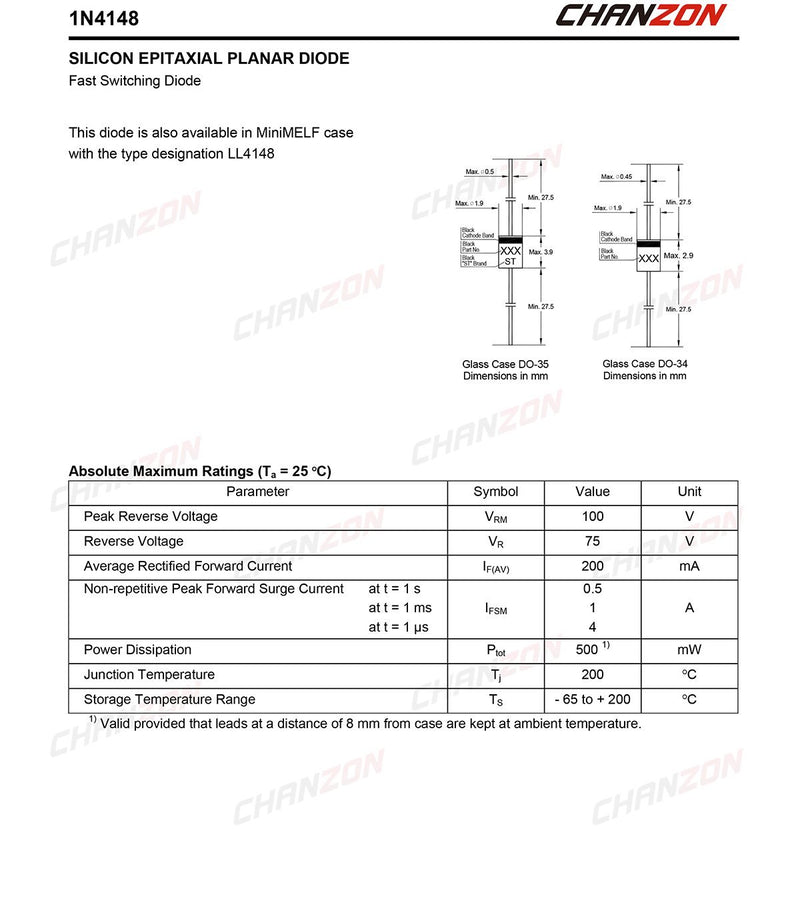 (Pack of 100 Pieces) Chanzon 1N4148 Small Signal Fast Switching Diodes High-Speed Axial 200mA 100V DO-35 (DO-204AH) IN4148 4148 200 mA 100 Volt