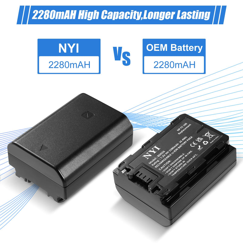 NYI NP-FZ100 Replacement Battery and Charger for Sony A7 III, A7R III, A7R IV,A1, A7C, A9 (ILCE-9), A9 II, A6600, A7S III, FX3 Digital Cameras,2 Pack 2280mAh 7.2V Batteries and Dual Fast Charger