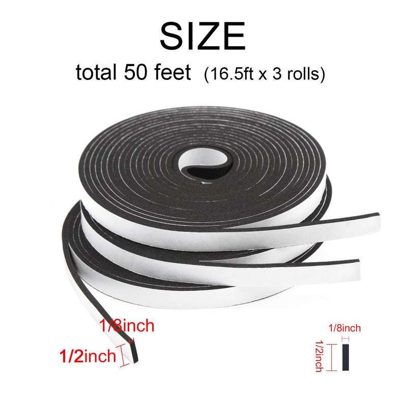 Foam Seal Tape-3 Rolls, 1/2 Inch Wide X 1/8 Inch Thick High Density Foam Strip Self Adhesive Neoprene Rubber Door Weather Stripping Insulation Foam Window Seal Total 50 Feet Long （16.5ft x 3 Rolls） 1/2in * 1/8in * 50FT