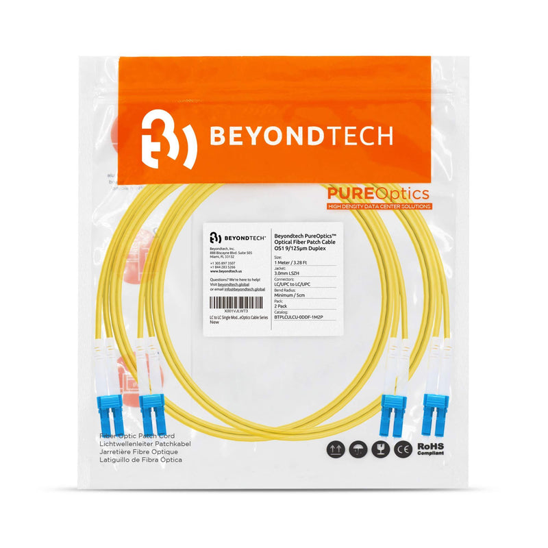 LC to LC Fiber Patch Cable Single Mode Duplex - 1m (3.28ft) - 9/125um OS1 LSZH (2 Pack) - Beyondtech PureOptics Cable Series 1m (3ft) 2-Pack LC to LC